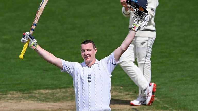 Harry Brook of England celebrates his century on the first day of the second cricket test against New Zealand at the Basin Reserve in Wellington, New Zealand, Friday, Feb. 24, 2023. (Andrew Cornaga/Photosport via AP)