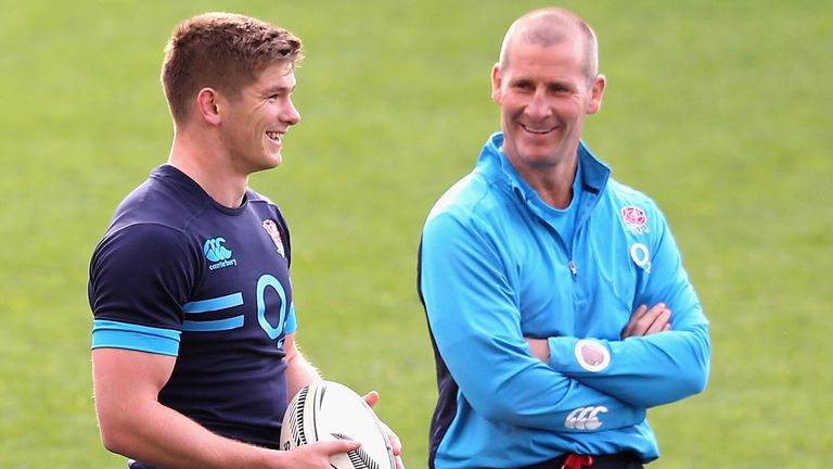 Owen Farrell and Stuart Lancaster during the England captain's run at Forsyth Barr Stadium on June 13, 2014 in Dunedin, New Zealand